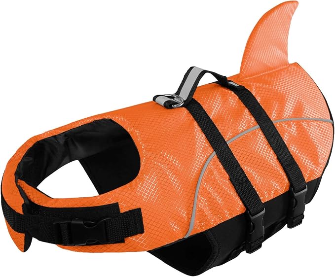 Ripstop Dog Life Jacket Shark Life Vest for Dogs, Safety Lifesaver with High Buoyancy and Lift Handle for Small and Medium Breeds（Orange XS）