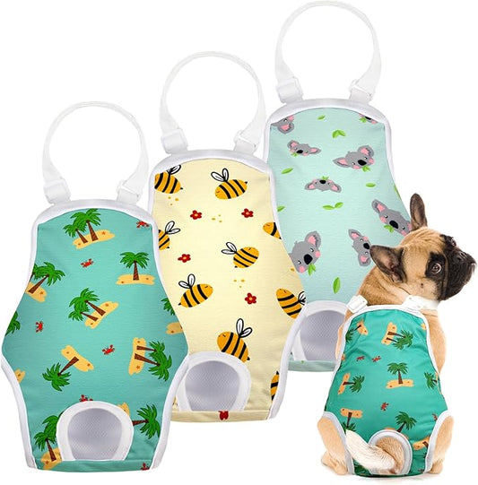 3 Pack Washable Female Dog Diaper Onesie Sanitary Pantie with Adjustable Suspender, Reusable Fixed Doggie Diapers, Super Absorbent Leakproof for Small Medium Large Dog in Heat Cycle M