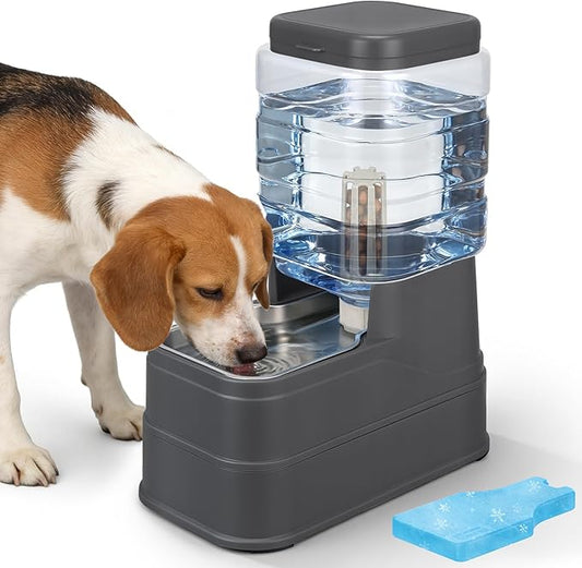 Automatic Dog Water Dispenser Gravity Stainless Steel Water Feeder Cat Waterer Feeder with Wide Mouth Bowl for Small Medium Dog Puppy Kitten (Filter &Ice Pack Included) 1.6Gallon Gray