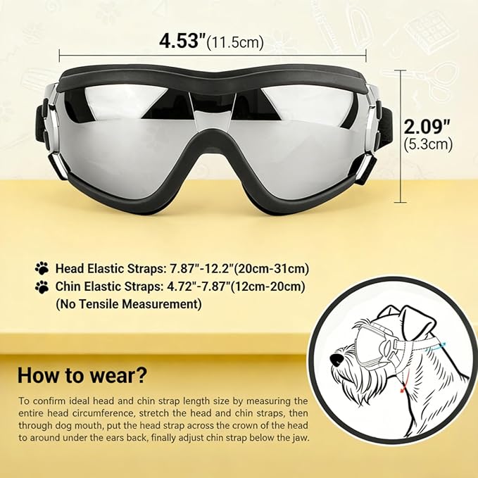 PETLESO Dog Goggles for Small Breeds, UV Protection Dog Sunglasses with Adjustable Straps, Outdoor Windproof Pet Eyewear for Small to Medium Pet, Soft Frame, M