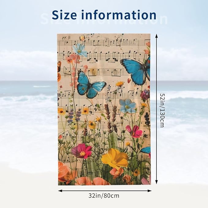 Butterfly and Music Beach Towel 31inx51in, Floral and Musical Sand-Free Microfiber Bath Towel Ultra Soft Quick Dry Pool Towel Absorbent Towel Lightweight Towel for Swimming Bathroom Decor