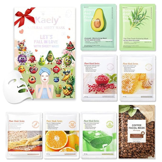 evpct 8-Pack Fruit Sheet Face Facial Masks for Women Skincare Spa, Facial Spa Day Slumber Sleepover Birthday Party Favors Supplies Kit, Natural Ingredients, Hydrate and Soothe for All Skin Types, B01