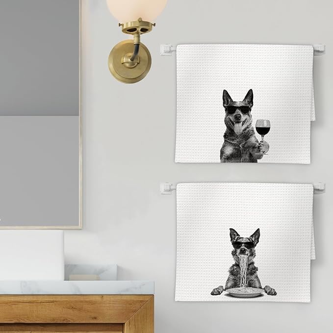 Blue Heeler Gifts Wine Kitchen Towels Set of 2, Funny Dog Eating Pasta Decorative Hand Dish Towel for Kitchen Home Bar, Gift for Australian Cattle Dog Wine Lovers Home Bar Decor(16x24Inch)