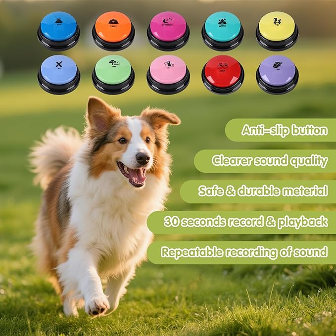 Dog Buttons for Communication 10 Dog Talking Buttons Starter Set 30S HD Recordable Training Buttons with Waterproof Anti-Slip Mat + 50 Scene Stickers