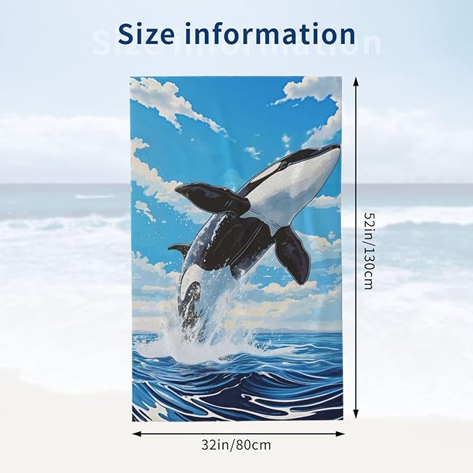 Orca Ocean Beach Towel 31inx51in, Sea Animal Sand-Free Microfiber Bath Towel Ultra Soft Quick Dry Pool Towel Absorbent Towel Lightweight Towel for Swimming Bathroom Decor