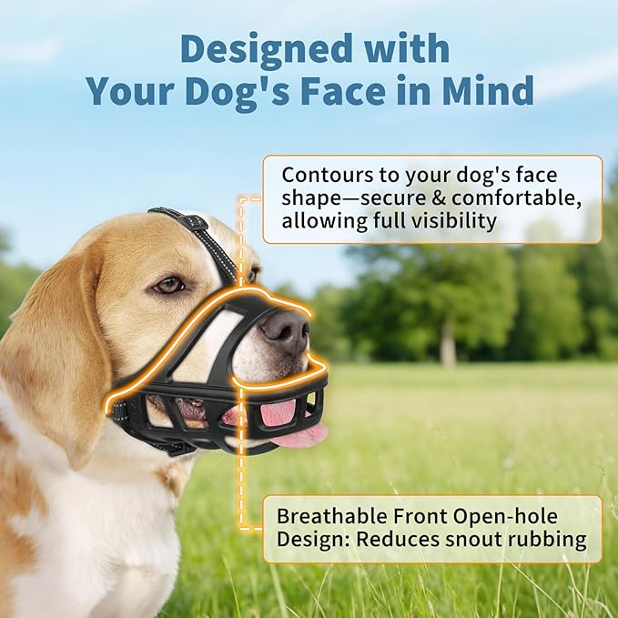 BARKLESS Dog Basket Muzzle for Medium & Large Dogs, Humane Cage Muzzle Prevent Biting Scavenging, Breathable Open Front Mouth Cover with Reflective Strap for Training, Walking Vet Visits (Black, S)