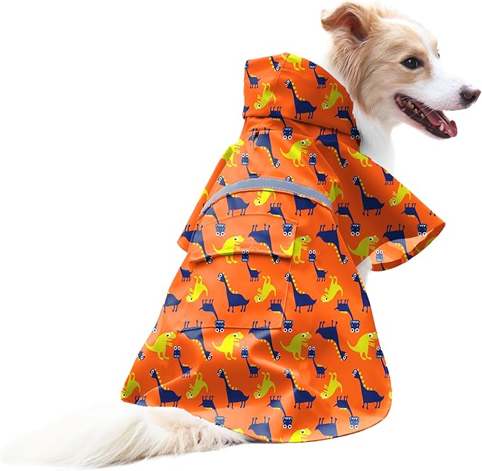 NACOCO Large Dog Raincoat Adjustable - Pet Dinosaurs Water Proof Clothes Lightweight Rain Jacket Poncho Hoodies with Strip Reflective Blue (L, Orange Dinosaur)
