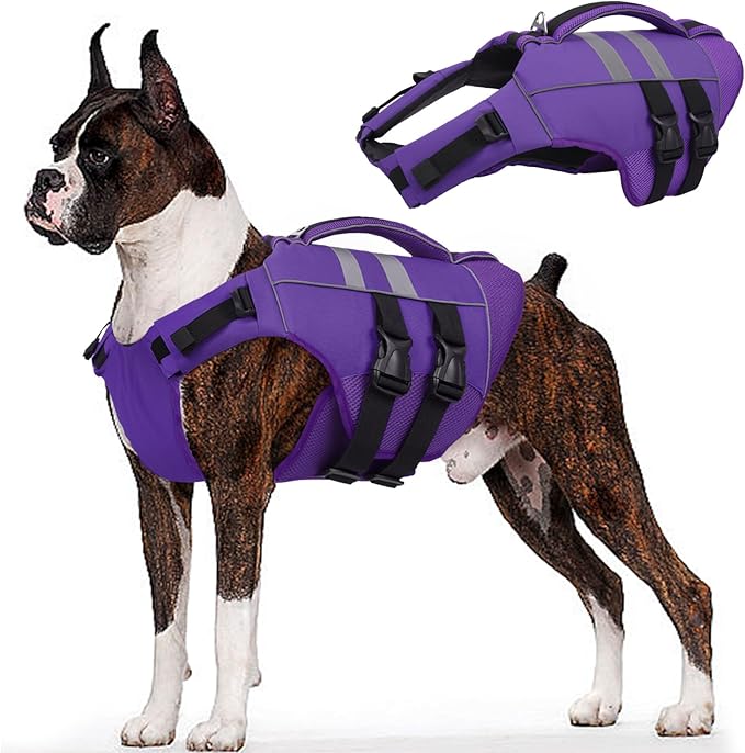 Kuoser XL Dog Life Jacket, Large High Flotation Dog Life Vest for Swimming Boating, Reflective Dog Swimming Vest Pet Life Preserver with Rescue Handle, Purple XL