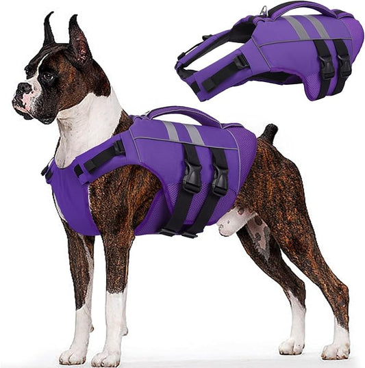 Kuoser XXL Dog Life Jacket, High Flotation Large Dog Life Vest for Swimming Boating, Reflective Dog Swimming Vest Pet Life Preserver with Rescue Handle, Purple XXL