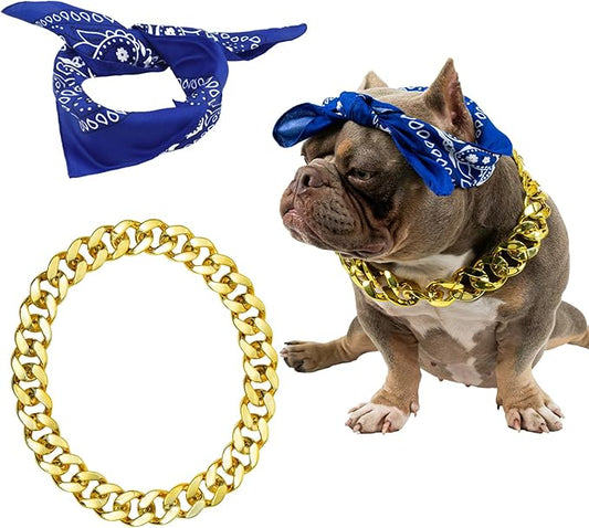 2Pack Dog Costume Set, Adjustable Gold Plated Dog Chain Collar and Headband Hip Hop Square Satin Head Scarf Head Cover Apparel Party Costume Cosplay Accessories for Medium Large Dogs(Blue)
