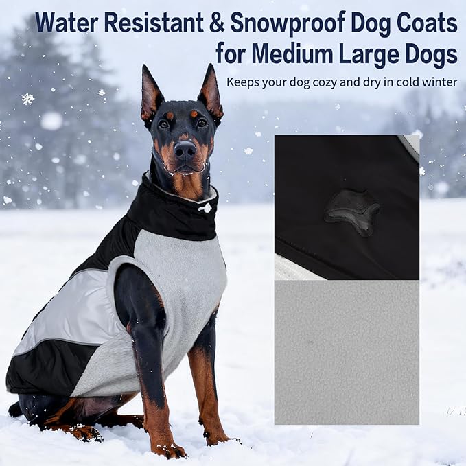 Dog Coats for Medium Dogs with Harness Built in, Waterproof Dog Jacket Warm Pet Winter Coat Snowsuit for Cold Weather, Reflective Fleece Windproof Jacket, Black, U-LDMF03L