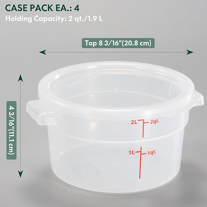CURTA 2 Quart Translucent Round Food Storage Container with Lid, Pack of 4 – NSF Listed, BPA-Free, Commercial-Grade Polypropylene, Freezer & Dishwasher Safe, Non-Stick, Easy-Read Graduations