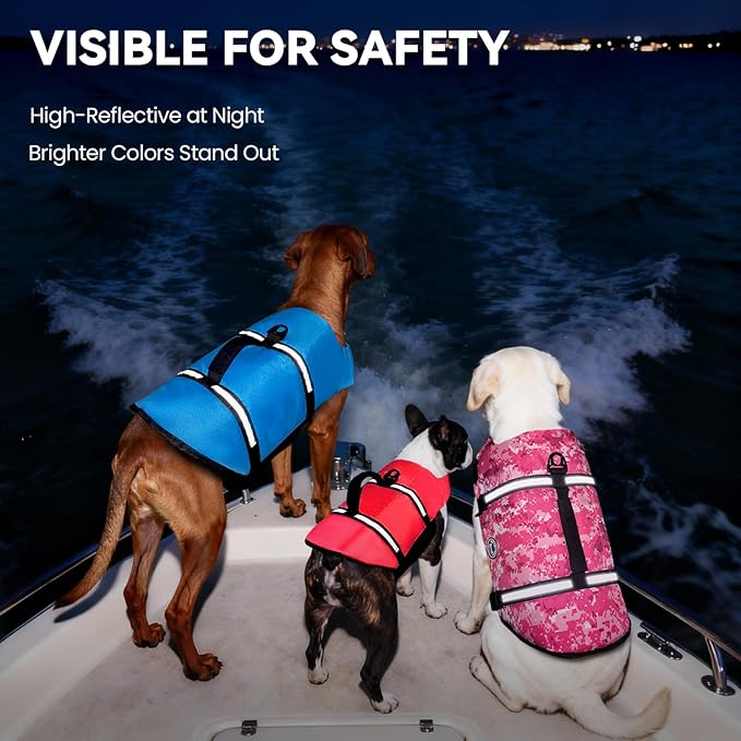 VIVAGLORY Rip Stop Dog Life Vest, Swimming Vest with Handle, Buoyancy for Doggy Puppy, Dog Life Jacket for Swimming & Boating, XL, Camo Pink