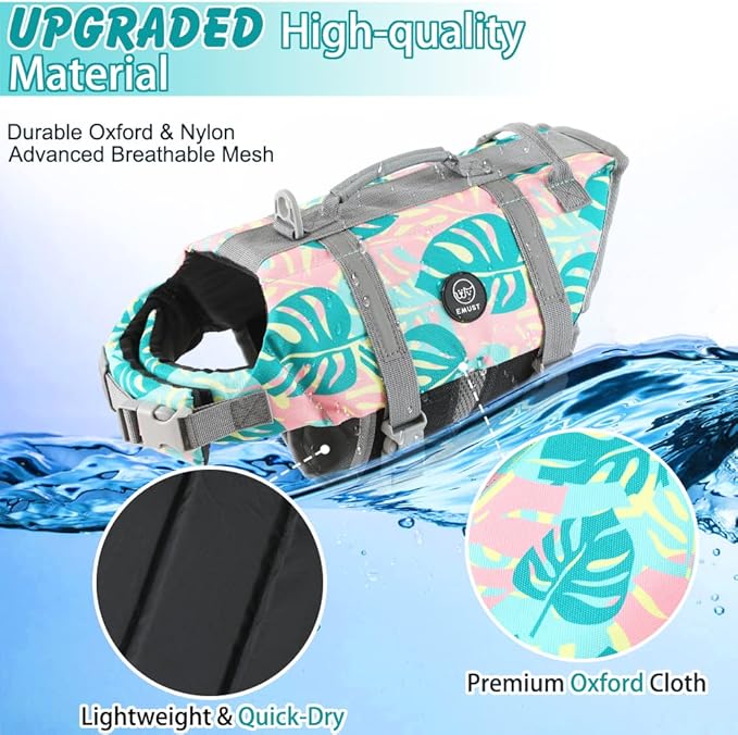 EMUST Dog Life Vests, Adjustable Pet Life Jacket with Rescue Handle, Dog Flotation Vest for Small/Medium/Large Dogs, XS, Greenleaf