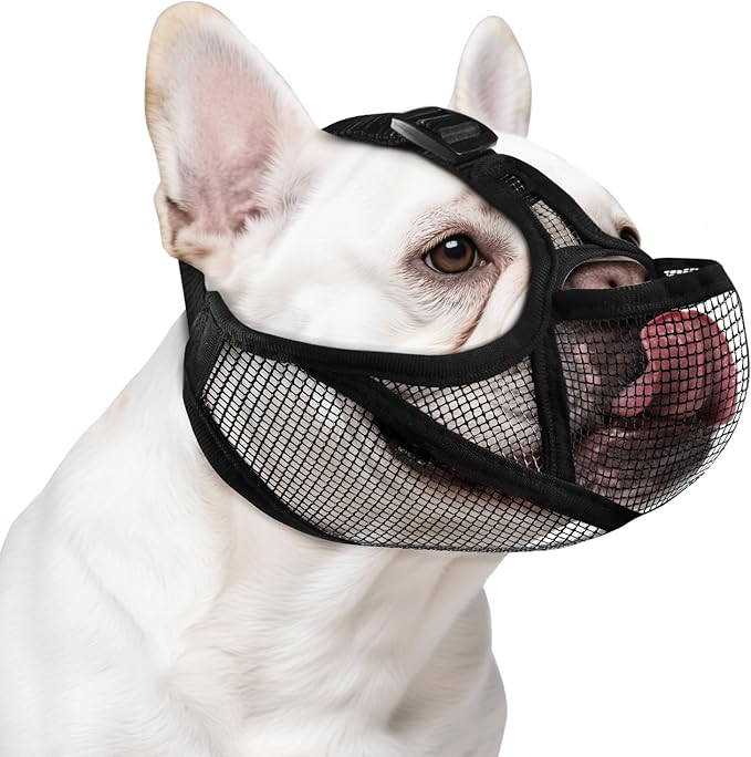 OHCOZZY French Bulldog Muzzle with Soft Mesh, Allows Tongue Extension -Open Eye Hole Short Snout Dog Muzzle for Biting Prevention, Drinking & Feeding(M,Black)