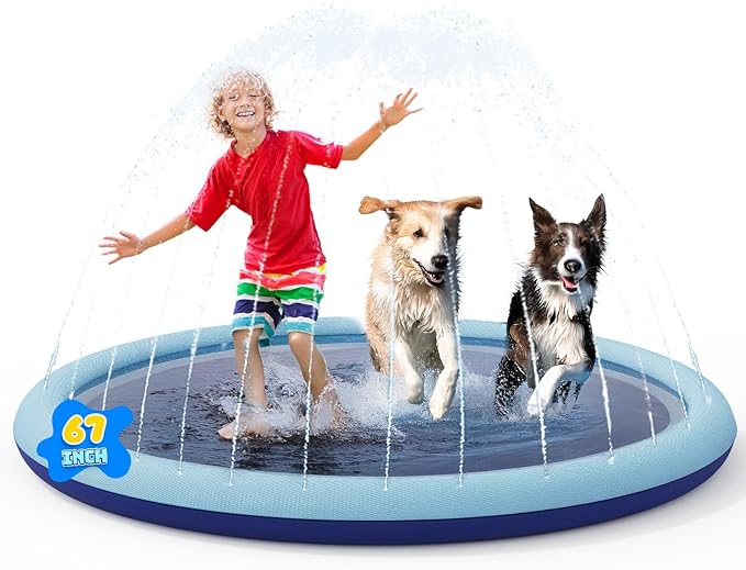 COMMOUDS Splash Pad for Kids and Dogs, Non-Slip Sprinkler Pad Thicken Pool Summer Outdoor Water Toys, Backyard Fountain Play Mat for Baby Toddlers Boys Girls Pet(67Inch)