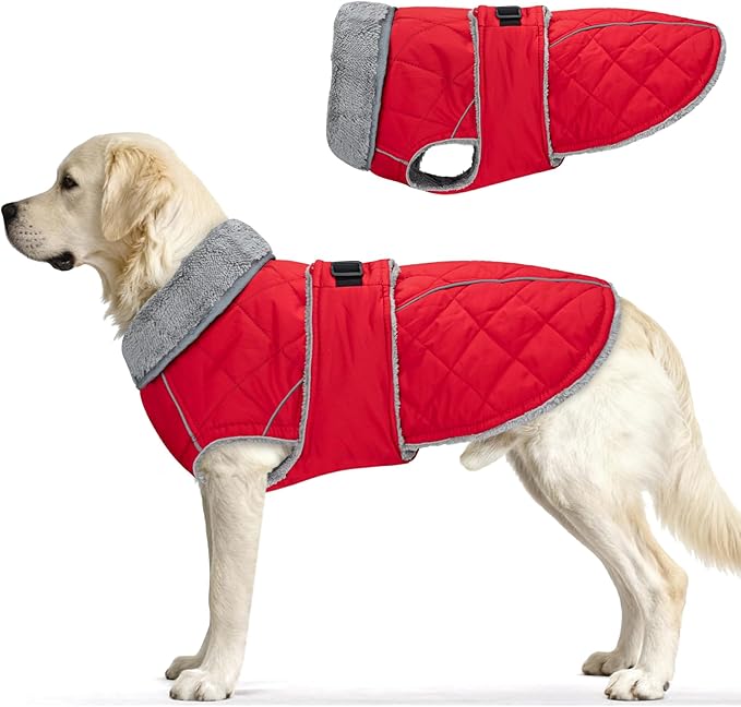 Dog Coat, Warm Dog Winter Coat for Medium Dogs, Waterproof Jacket with Adjustable Buckle & Velcro, Reflective Turtleneck Cold Weather Coats, Pet Fleece Vest Snow Jacket (Red, L)