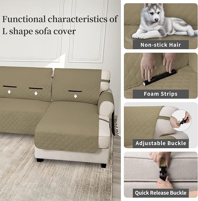 Easy-Going Waterproof Sectional Couch Covers with Chaise 2-Piece Non Slip L Shape Sofa Cover for Dogs Leakproof Furniture Protector Cover with Adjustable Strap for Pets (X-Large, Beige)