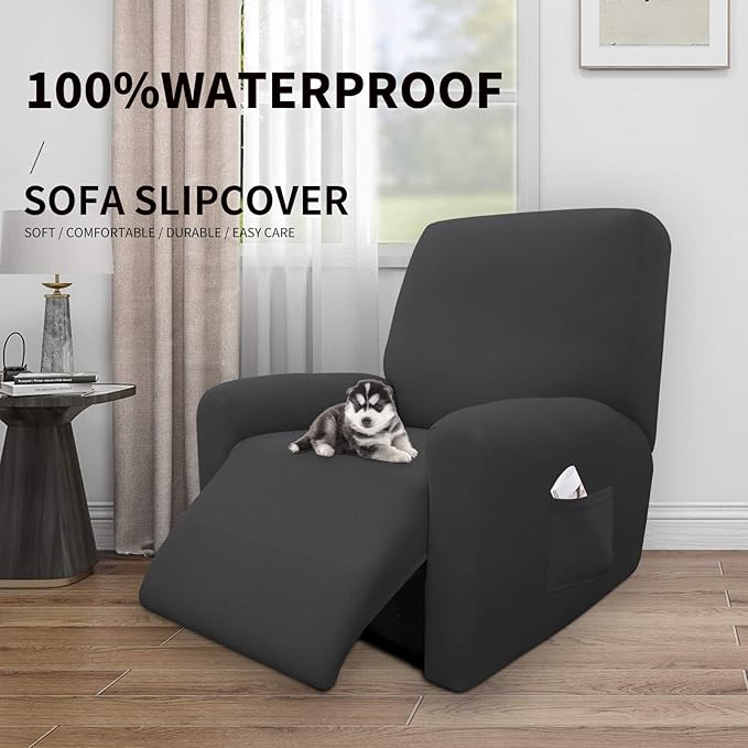 Easy-Going 4 Pieces 100% Dual Waterproof Recliner Cover Stretch Soft Couch Cover for Dogs, Sofa Slipcover for Recliner Couch Leakproof Furniture Protector for Kids, Pets Dark Gray