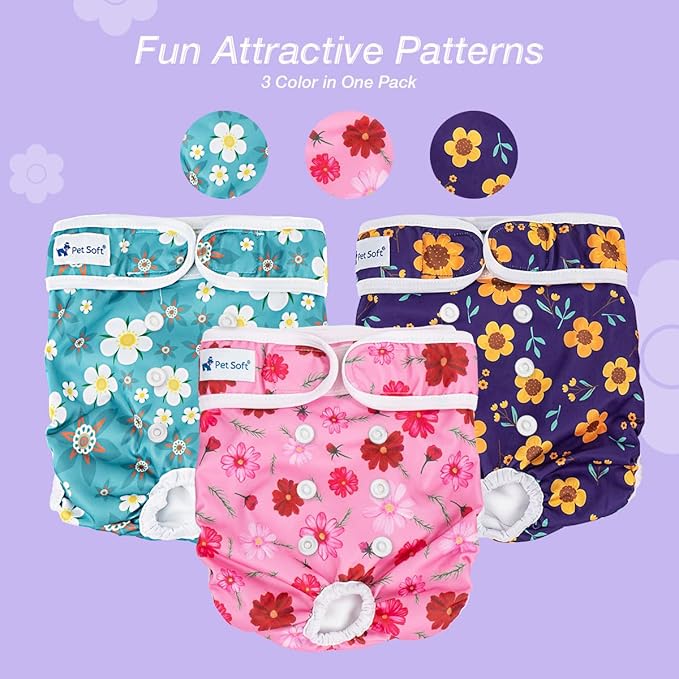 Pet Soft Washable Female Diapers (3 Pack) Female Dog Diapers, Comfort Reusable Doggy Diaper for Girl Dog in Period Heat (Cute Flower, M)