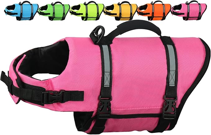 AMZNOVA Rip Stop Dog Life Jacket, Dog Life Vest for Swimming & Boating, Lightweight & Buoyancy for Doggy Puppy, Lifejacket with Handle, M, Pink