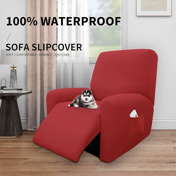 Easy-Going 4 Pieces 100% Dual Waterproof Recliner Cover Stretch Soft Couch Cover for Dogs, Sofa Slipcover for Recliner Couch Leakproof Furniture Protector for Kids Christmas Red