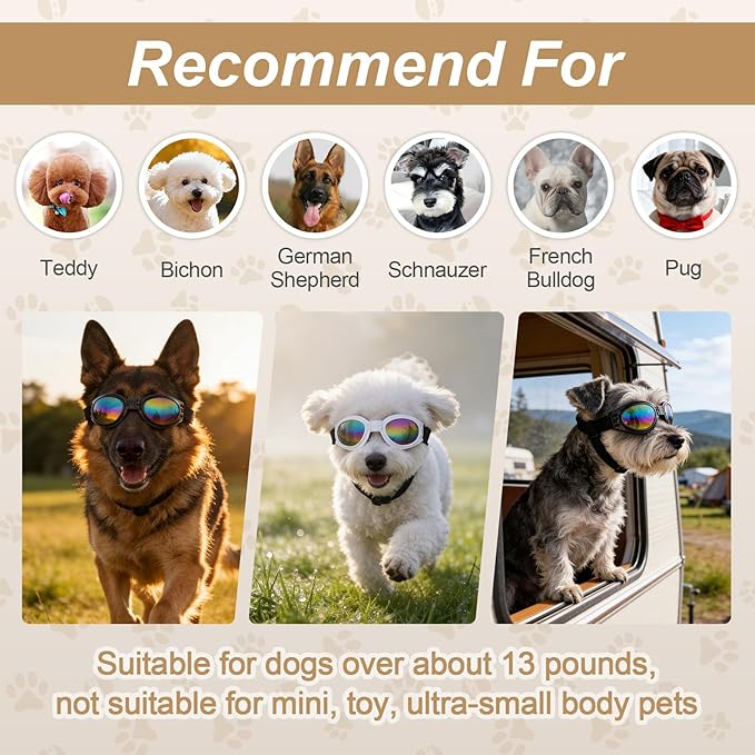 JIABEIUS 2 Pcs Dog Goggles, Dog Sunglasses Adjustable Strap for Waterproof Windproof UV Protection, Pet Sunglasses for Go Out Travel Skiing Swim (Black and White)