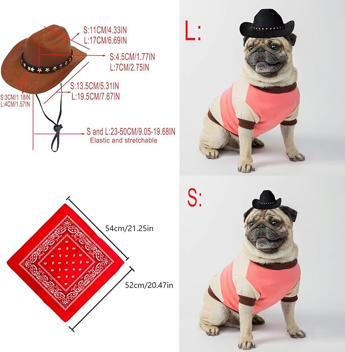 Dog and Cat Cowboy Hat with Bandana Scarf - Mini Pet Costume for Halloween, Holiday, Party Decoration (Brown, Large)