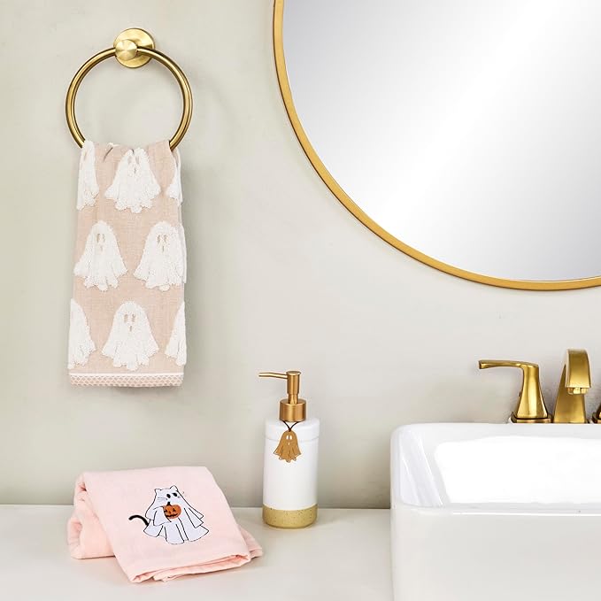 SKL Home Halloween Ghost Jacquard 100% Cotton Reversible 2pc Hand Towel Set, Soft & Absorbent, Decorative for Bath/Kitchen/Bar & Gift, Tan
