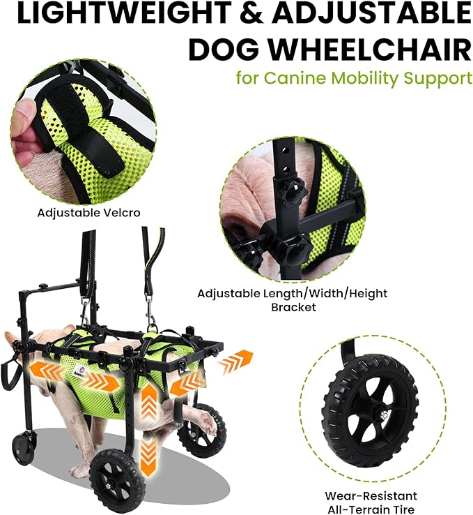 Dog Wheelchair for Back Legs, for All Breed Dog - Includes High-Visibility Vest, Leash & Sling Lift, for Arthritis, Paralyzed, Injured, or Disabled Dogs (4Wheels-S, for Small Breed Dog)