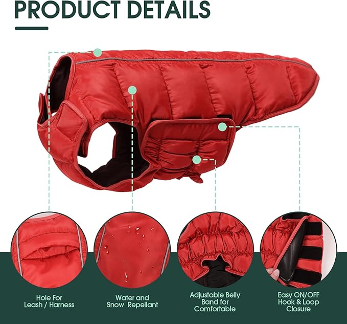 Kuoser Dog Puffer Jacket Warm Dog Coat for Medium Large Dogs, Windproof Reflective Pet Padded Vest Cold Weather Clothes Puppy Snowsuit with Hook & Loop Coats, Easy On/Off, Red L