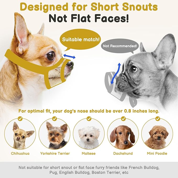 Mayerzon Mesh Muzzle for Short Snout and Small Medium Dogs Anti-Biting, Focus on Brachycephalic Dogs like Chihuahua Pomeranian, Breathable Fabric, Opening Front, Allow Panting, for Grooming Vet Visits