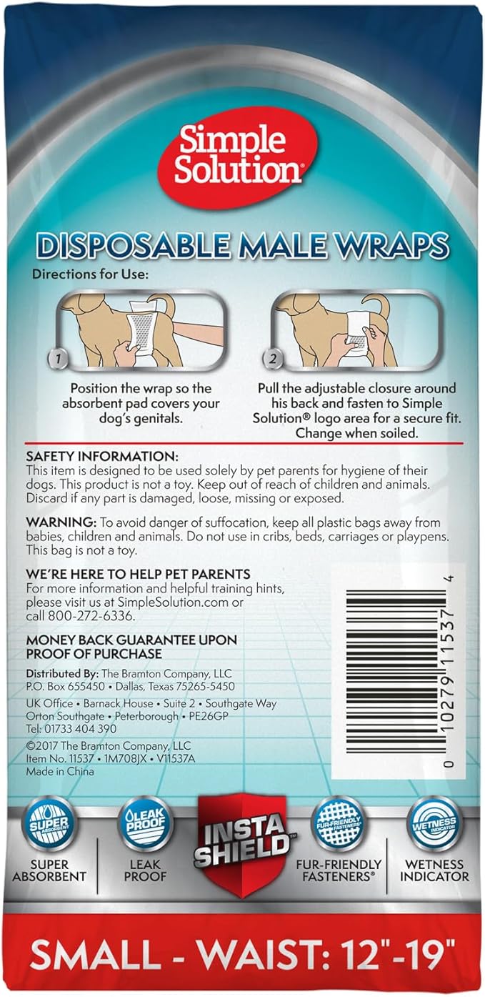 Simple Solution Disposable Dog Diapers Wraps for Male Dogs, True Fit, Absorbent, Leak Proof with Wetness Indicator, Puppy and Doggie Diaper for Peeing, For Small Pets, 12 – 19 Inch Waist, 12 Count