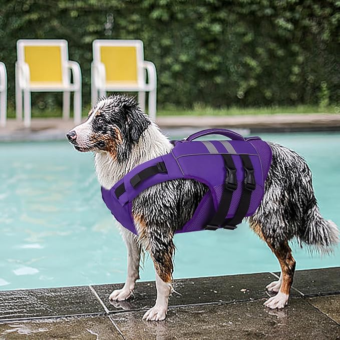 Kuoser XL Dog Life Jacket, Large High Flotation Dog Life Vest for Swimming Boating, Reflective Dog Swimming Vest Pet Life Preserver with Rescue Handle, Purple XL