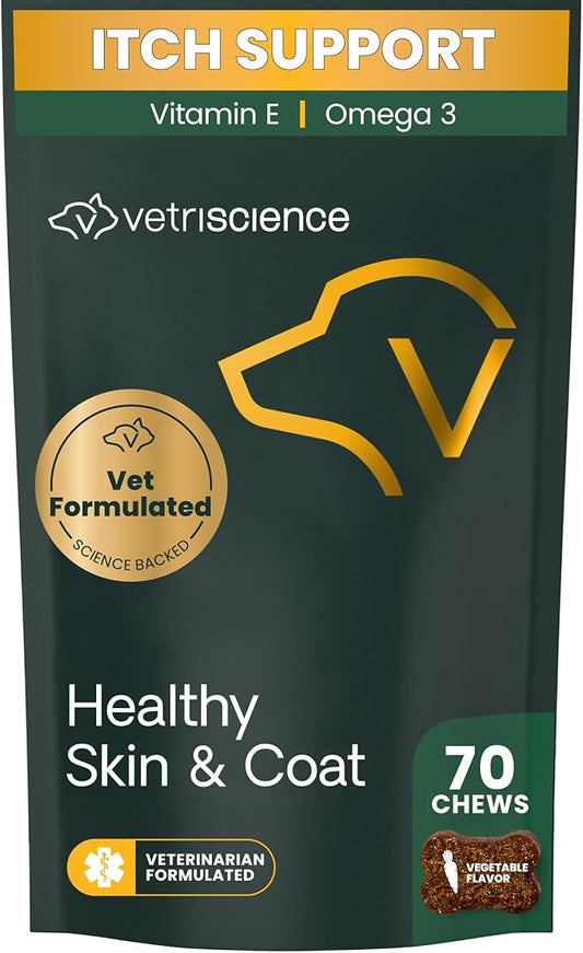 VetriScience Healthy Skin & Coat Chews, Derma Strength Omega-3 Salmon Oil Supplement for Dogs, Omega Skin and Coat Chews, Skin Health, Coat Growth, Veggie, 70 Count