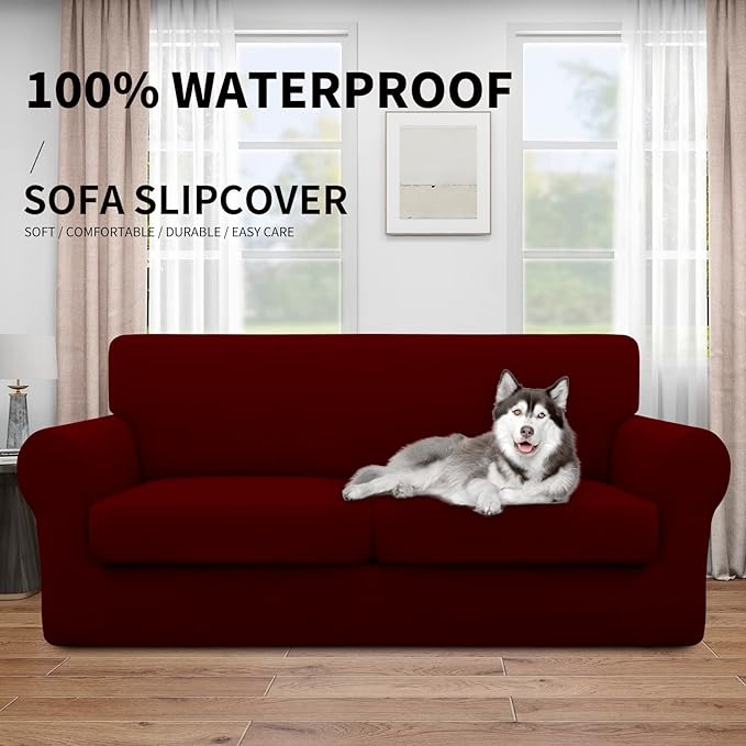 Easy-Going 100% Dual Waterproof 3 Pieces Oversized Loveseat Cover Stretch Soft Couch Cover for Dogs, Sofa Slipcover for 2 Separate Cushion Couch Leakproof Furniture Protector for Kids, Pets Wine