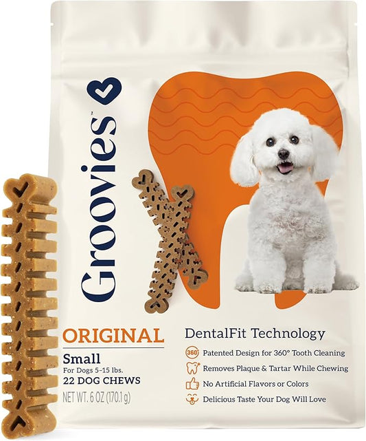 Groovies Flexible Dog Dental Chews with Patented DentalFit Technology to Help Support Tartar Control & Fresh Breath, Small Dog Chews for 5-15 lb Dogs, USA Manufactured Oral Care, 22 Chews