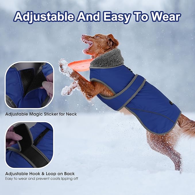Dogcheer Dog Coat, Waterproof Dog Jacket Reflective Pet Winter Coat with Adjustable Hook & Loop, Christmas Puppy Fleece Jacket Warm Turtleneck Snowsuit for Small Medium Large Dogs - Blue, L