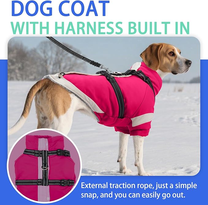 MIGOHI Reflective Dog Winter Coat,Warm Dog Jacket with Harness,Fleece Jacket for Large Dogs,Waterproof Pet Puffer Jacket Snowsuit,Windproof Pet Clothes for Cold Weather,Australian Shepherd,XL,Rosered