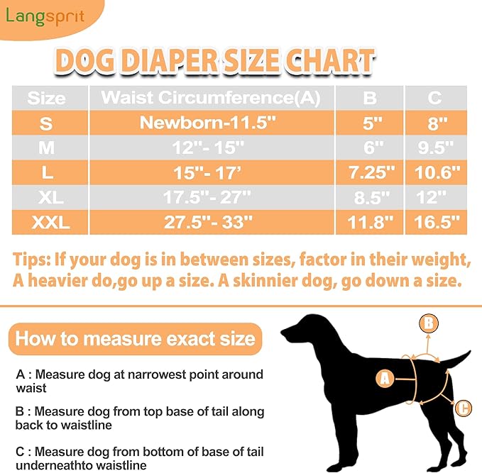 Langsprit Washable Female Dog Diapers (3 Pack) - No Leak Reusable Diapers for Doggy Female in Period - Highly Absorbent Dog Heat Panties with Adjustable Snaps S Size