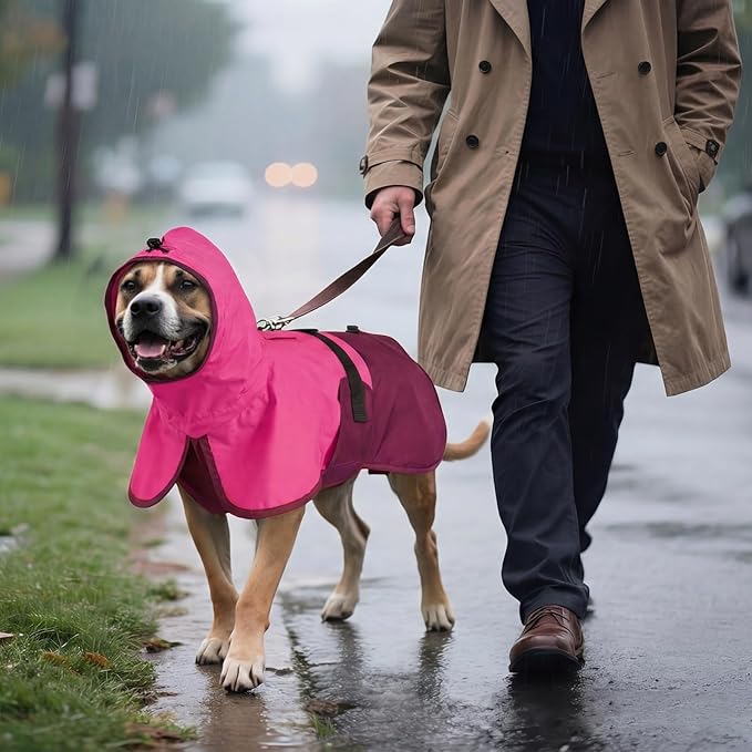BRKURLEG Dog Raincoat Adjustable Dog Rain Jacket with Hood Dogs Waterproof Rainproof Jacket with Leash Hole Pet Poncho Rain Coat Poncho with Reflective Strip, Rose Red, XXL