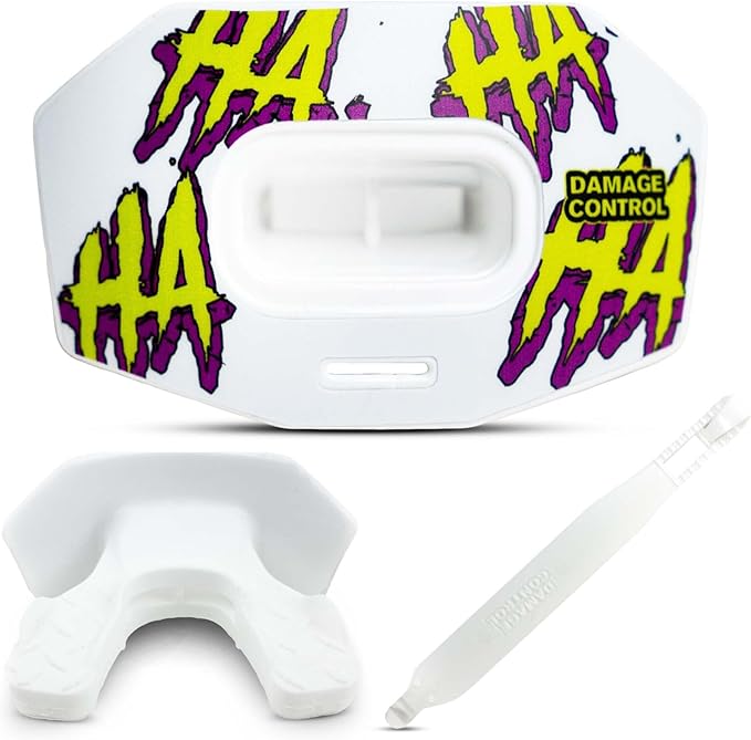 DAMAGE CONTROL Youth Football Mouth Guard – Breathable No Boil Mouthpiece, Protects Lips & Teeth, Works with Braces, Includes Helmet Strap – Sports Gear & Accessories (HA HA HA)