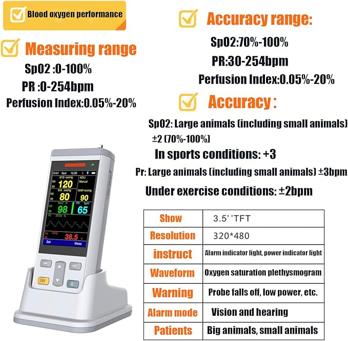 M3T Mini3.5” Handheld Vet Oximeter Monitor, SPO2/TEMP Function Veterinary,forDog, cat, Horse Pets