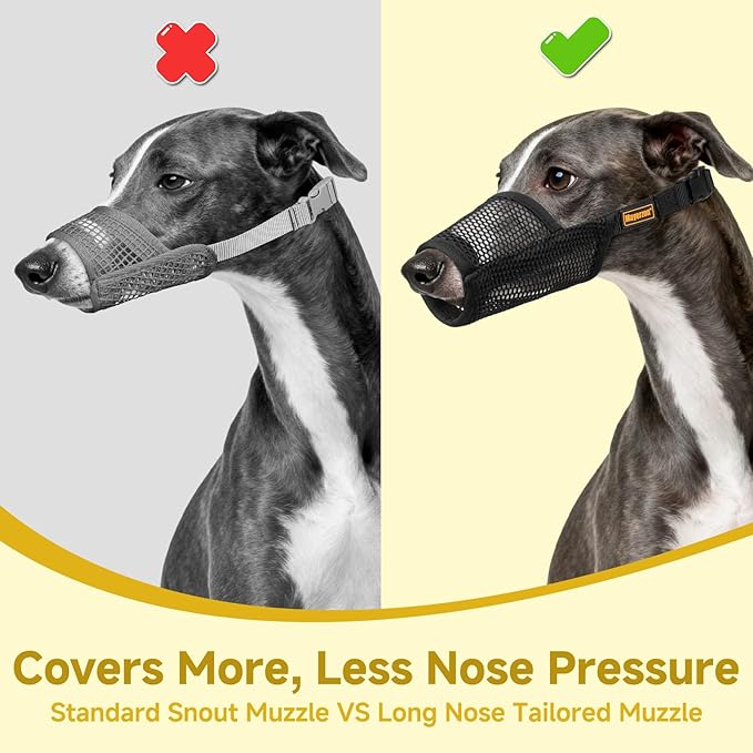Mayerzon Greyhound Whippet Dog Muzzle, Soft Mesh Muzzle for Long Nose Dogs to Prevent Excessive Biting Chewing Eating, Suitable for Grooming Walking Vet Visits, Allowing Drinking Breathing (Black, S)