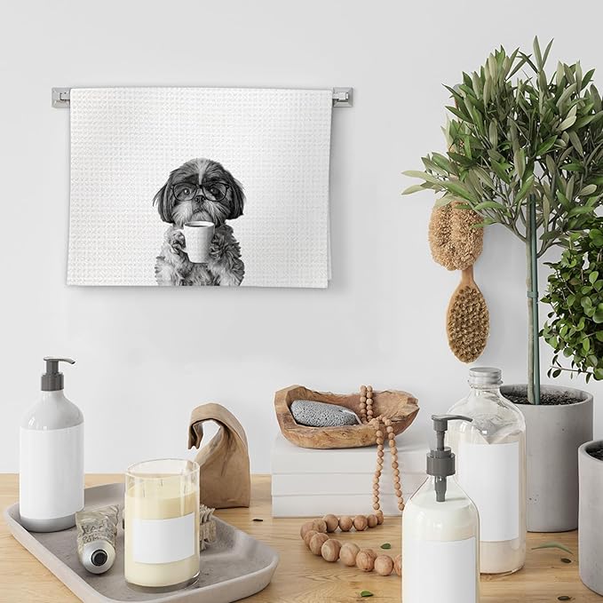 Shih Tzu Gifts Coffee Kitchen Towels, Gifts for Dog Coffee Lovers Decorative Hand Dish Tea Towel for Kitchen Home Bar, Funny Shih Tzu Dog Owners CoffeeBar Decor(16x24In)