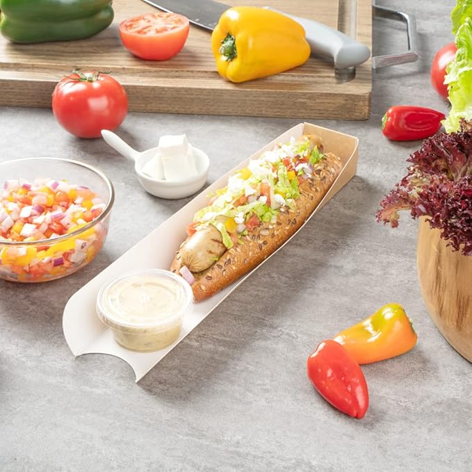 Restaurantware-Bio Tek 11.8 x 2 x 1.3 Inch Hot Dog Trays Pak of 200 Open-Design Hot Dog Containers - 3-Walled, Greaseproof, Recyclable, Disposable, Kraft Paper Serving Trays For Food Trucks