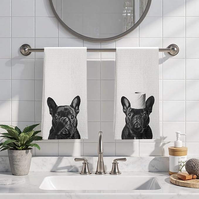 Funny Black French Bulldog Bathroom Hand Towels Set of 2, Gifts for French Bulldog Lovers, Dog Bathroom Decor, Frenchie Gifts Decorative Hand Towels for Bath Room Washroom Spa Gym, 16x24 Inches