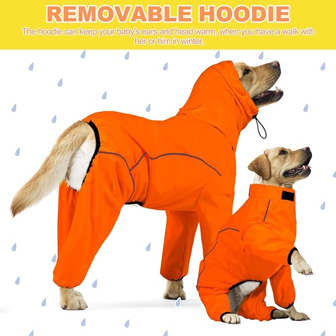 Dog Raincoat, Waterproof Dog Rain Jacket with Removable Hood，Adjustable 4 Legs Pet Poncho with Leash Hole，Reflective Stripe Hooded Snowproof Windproof Clothes for Small to 3X-Large Dogs, S