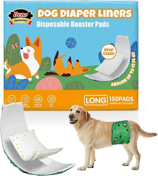 Dono Dog Diaper Liners for Male and Female Dogs, Super Absorbent Booster Pads, 150ct Disposable Doggie Diaper Inserts Fit Reusable Male Belly Bands, Wraps, Washable Period Panties (Long)