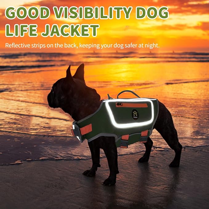 Dog Life Jacket for Small Dogs with High Buoyancy, Lightweight Dog LifeVest for Swimming Adjustable Reflective Dogs Floating Vest, Neoprene Rescue Handle Pet Life Preserver, Dark Green, XS